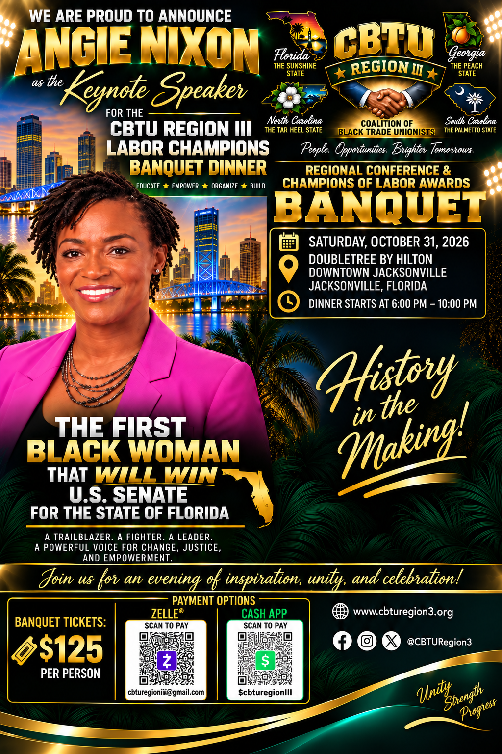 CBTU Region III Champions of Labor Awards Banquet with Angie Nixon as Keynote Speaker - October 31, 2026, DoubleTree by Hilton Jacksonville